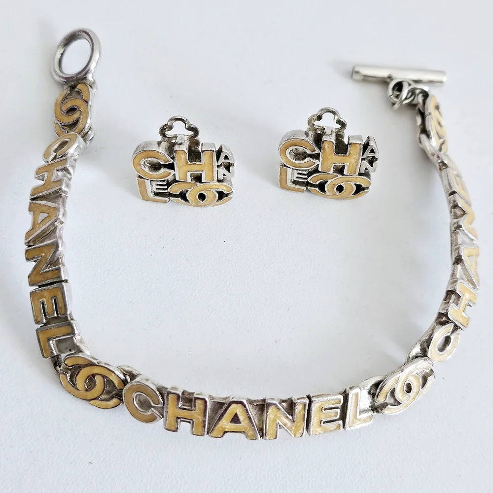 Chanel Goldtone & Sterling Silver Alphabet Lettered Bracelet & Earrings Set